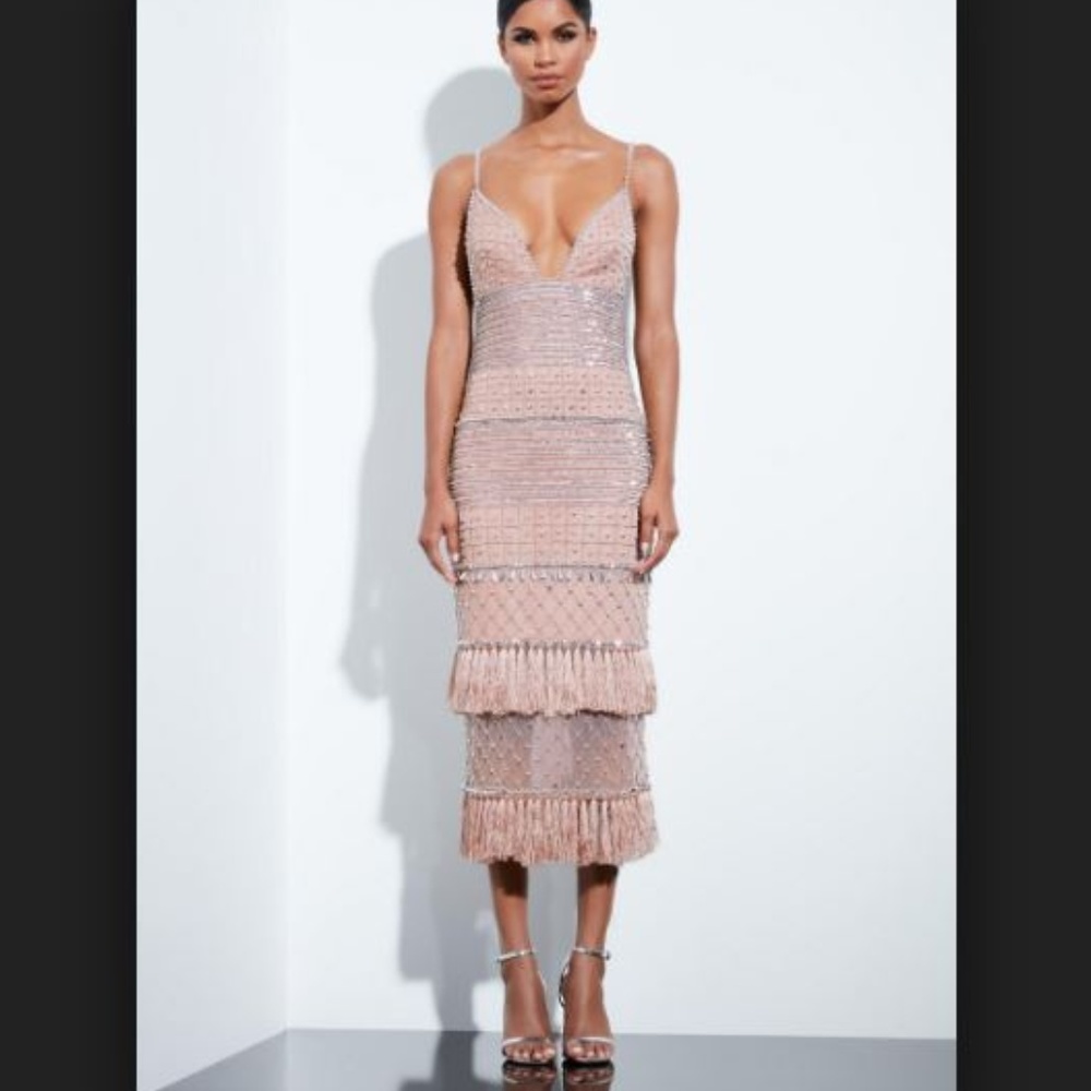 Peace + Love Nude Beaded Tassel Midi Dress